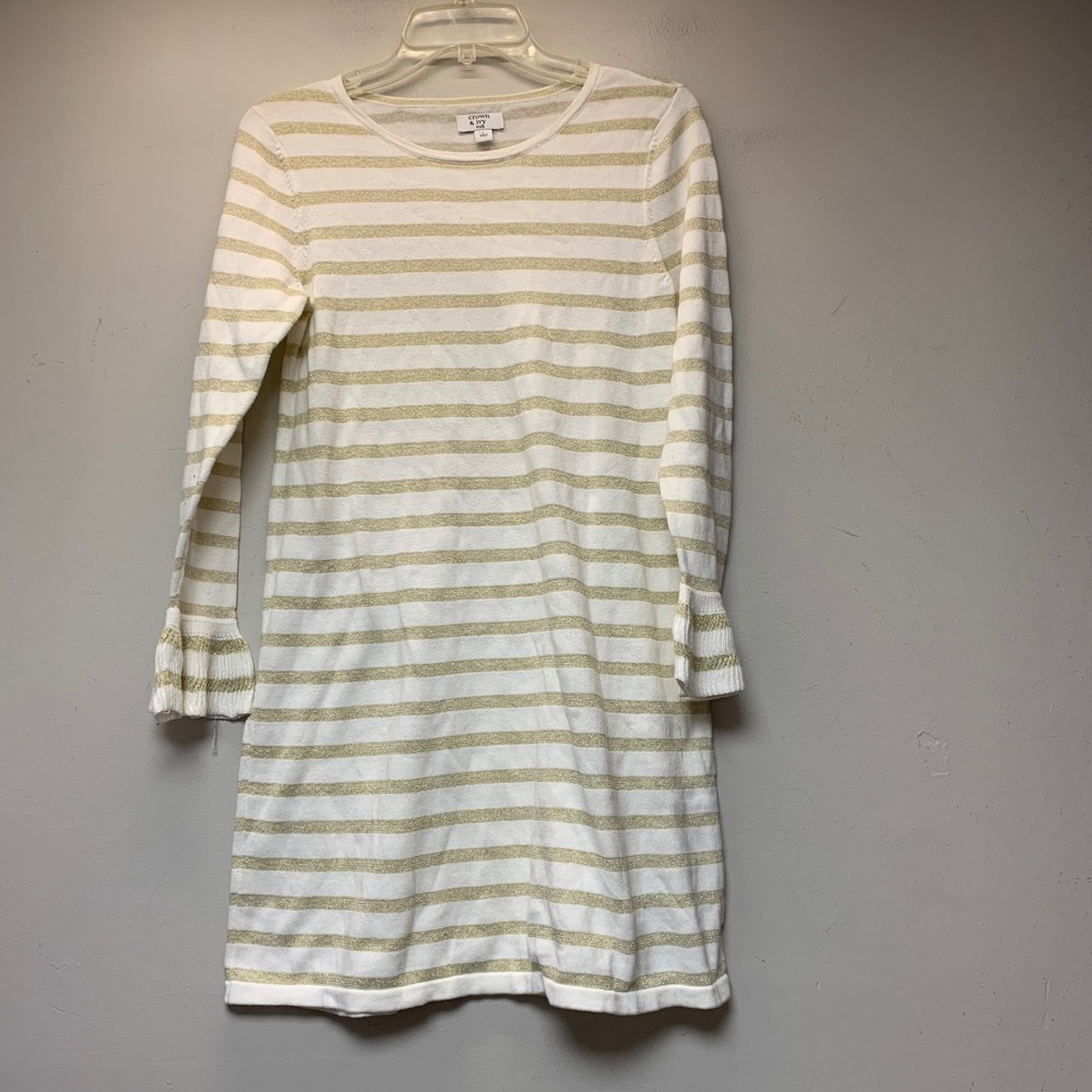 Crown & Ivy Sweater Dress Girls L White Gold Excellent Striped Metallic Bell